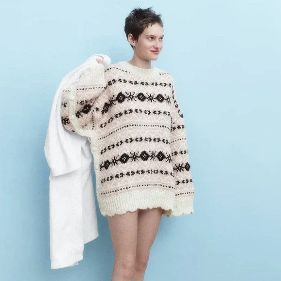 Zara Sweaters Zara Jacquard Knit Sweater With Side Vents Pink - Main Image